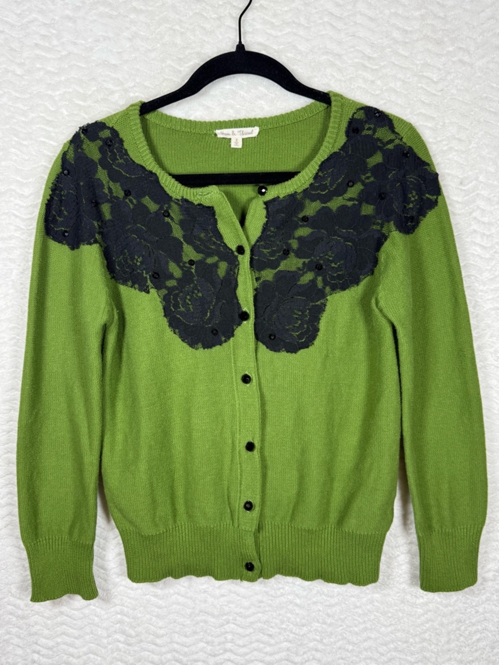 Hem & Thread Green Cardigan with Black Lace Appliqué